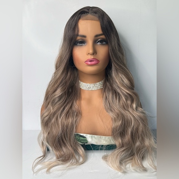 Soft Waves Ombre Wig – Brown Roots & Natural Ash Blonde Highlights 28 In - Picture 3 of 9